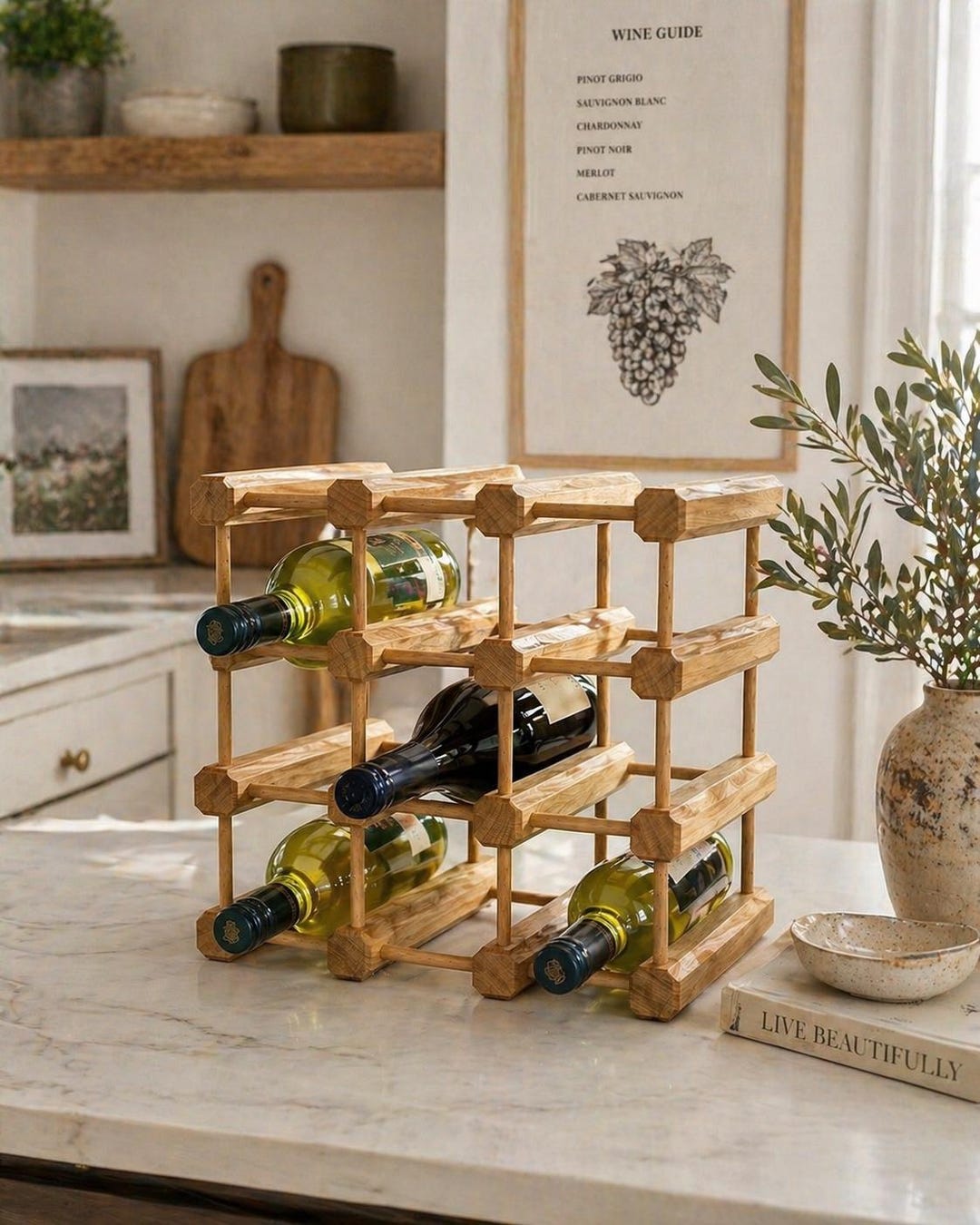 Wood Wine Rack Countertop 9 Bottle, Solid Oak Wine Holder, Modern ...