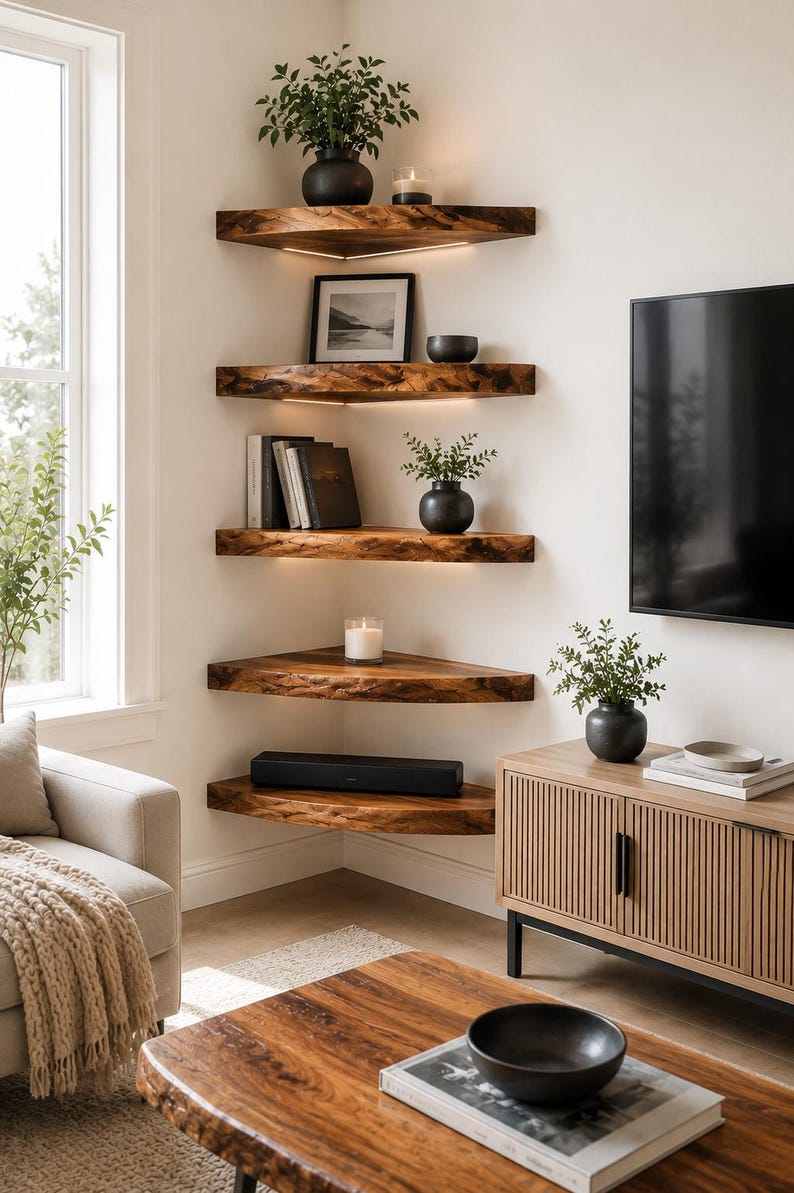 K&ouml;nnte beinhalten: F&uuml;nf gestufte Eckregale aus dunkelbraunem Holz mit nat&uuml;rlicher Baumkante. Jedes Regal verf&uuml;gt &uuml;ber eine integrierte, warmwei&szlig;e LED-Beleuchtung an der Unterseite. Die Regale sind in einer Ecke montiert und mit Pflanzen, B&uuml;chern und Kerzen best&uuml;ckt.