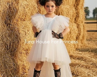 Vestido de lujo 2 en 1 para niña de las flores con cola desmontable, vestido de cumpleaños de tul blanco, alta costura infantil, ropa para fiestas infantiles con espectáculos artísticos.