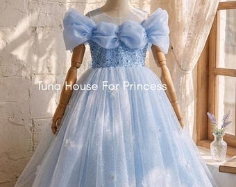 Delicate Shimmer Flower Girl Dress, Ankle Length Blue Cinderella Gown, Handmade Floral Accents Kids Princess Dress, Luxury Cotton Lined