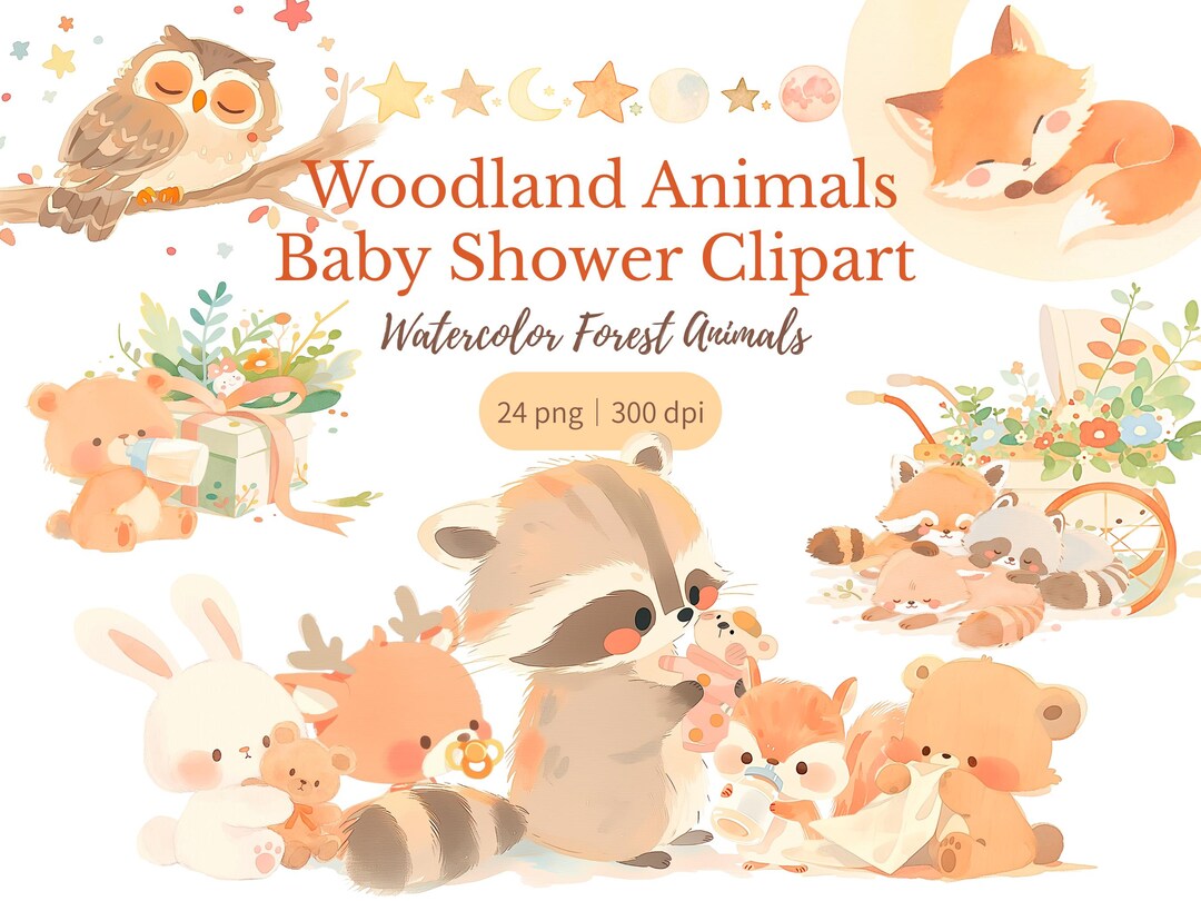 Woodland Baby Shower Clipart PNG | Watercolor Forest Animals Nursery ...