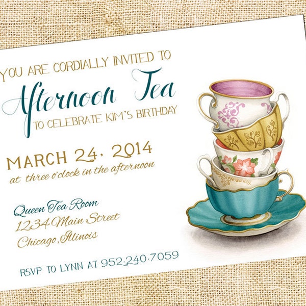 25 Afternoon Tea Party Invitations with Gold Envelopes