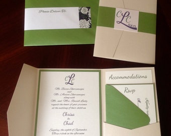 Fairway Green and Ivory Pocketfold Wedding Invitation Set