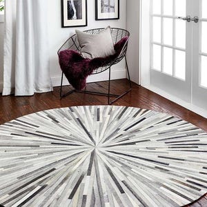 Handmade Round Leather Rug – Sunburst Patchwork Cowhide Area Carpet