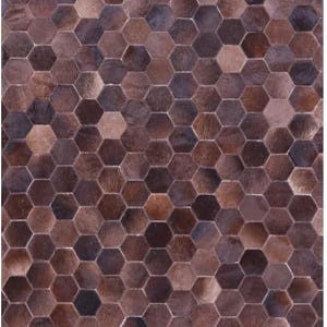 May include: A close-up of a rug with a repeating pattern of brown and tan hexagonal shapes. The rug has a textured appearance, with variations in color and tone within each hexagon, creating a natural, organic aesthetic.