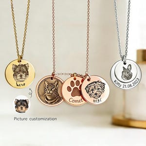 Puede incluir: Collares dorados, de oro rosa y plateados con retratos de mascotas grabados. Cada colgante presenta una mascota diferente, incluyendo un perro, un gato y un conejo. Un colgante tiene la palabra "Hero", otro "Comet", y otro "Kitty" con una fecha.