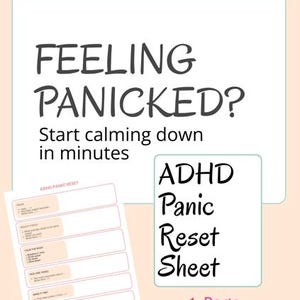 Puede incluir: Gráfico de descarga digital con el texto "FEELING PANICKED?" y "Empieza a calmarte en minutos". Incluye una "Hoja de reinicio de pánico por TDAH" y las palabras "Descarga instantánea de 1 página".