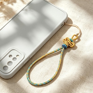 May include: A light gray smartphone case with a camera cutout and a decorative phone charm. The charm features a braided loop in yellow and blue threads, accented by a complex, symmetrical knot design in matching yellow and blue cord.
