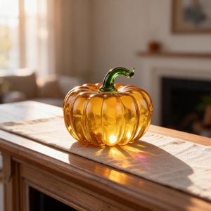 May include: A translucent amber-coloured glass pumpkin sculpture featuring deep vertical ridges and a smooth, curved green glass stem. The object is crafted with a glossy finish that catches the light, creating a bright glow through the glass.