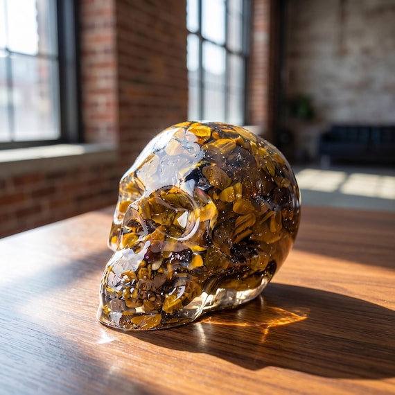 A chunky amber-tinted resin skull paperweight that looks like it was excavated from a gothic curiosity cabinet — functional, striking, and deeply aesthetic.