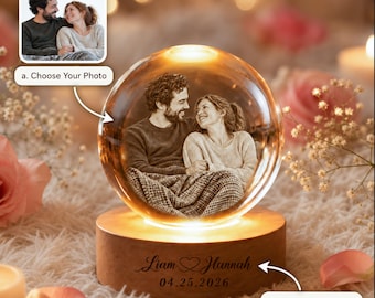 Personalized 3D Crystal Globe Lamp – Couple Photo Engraving LED Night Light, Wedding Anniversary Gift, Husband Wife Keepsake, Free Gift Box