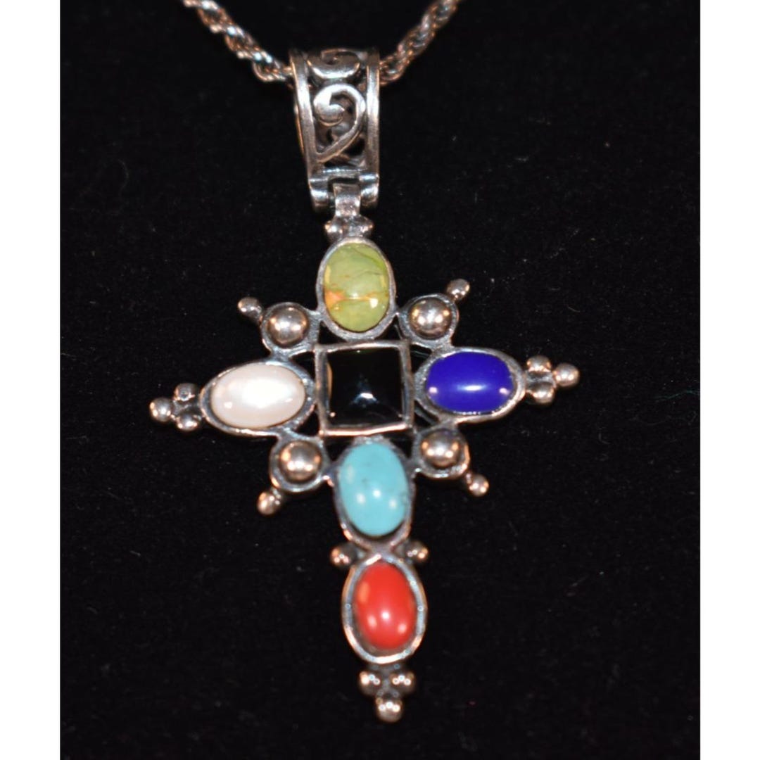 Vintage Sterling Silver 925 MOP Multi-color Gemstone Cross Pendant 20 ...