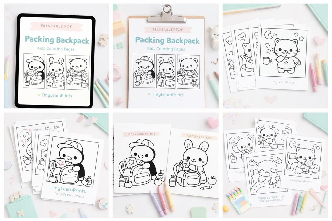 Packing Backpack Coloring Pages, Kids School Routine Activity (digital ...