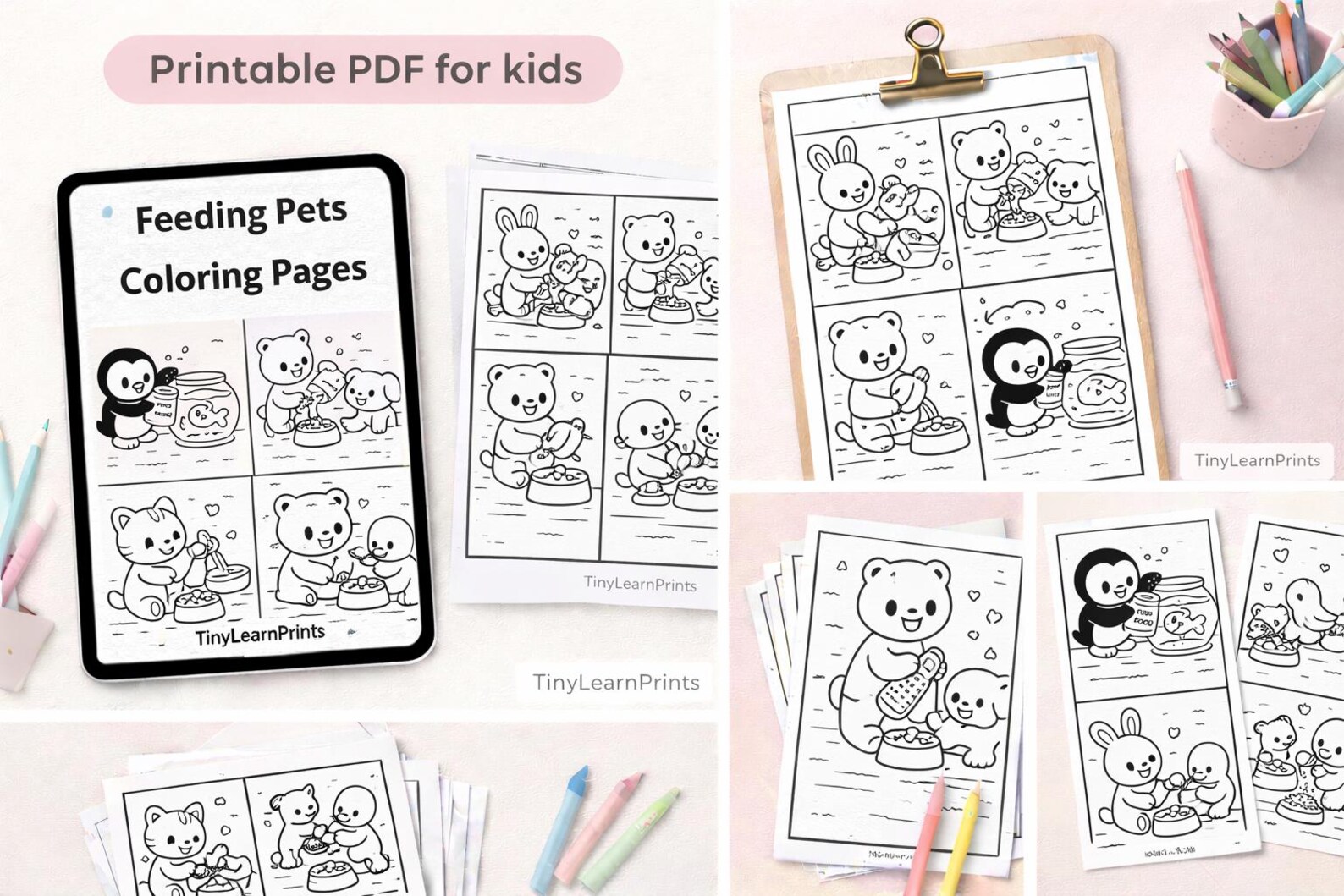Feeding Pets Coloring Pages for Kids | Printable PDF Sheets | Kawaii ...