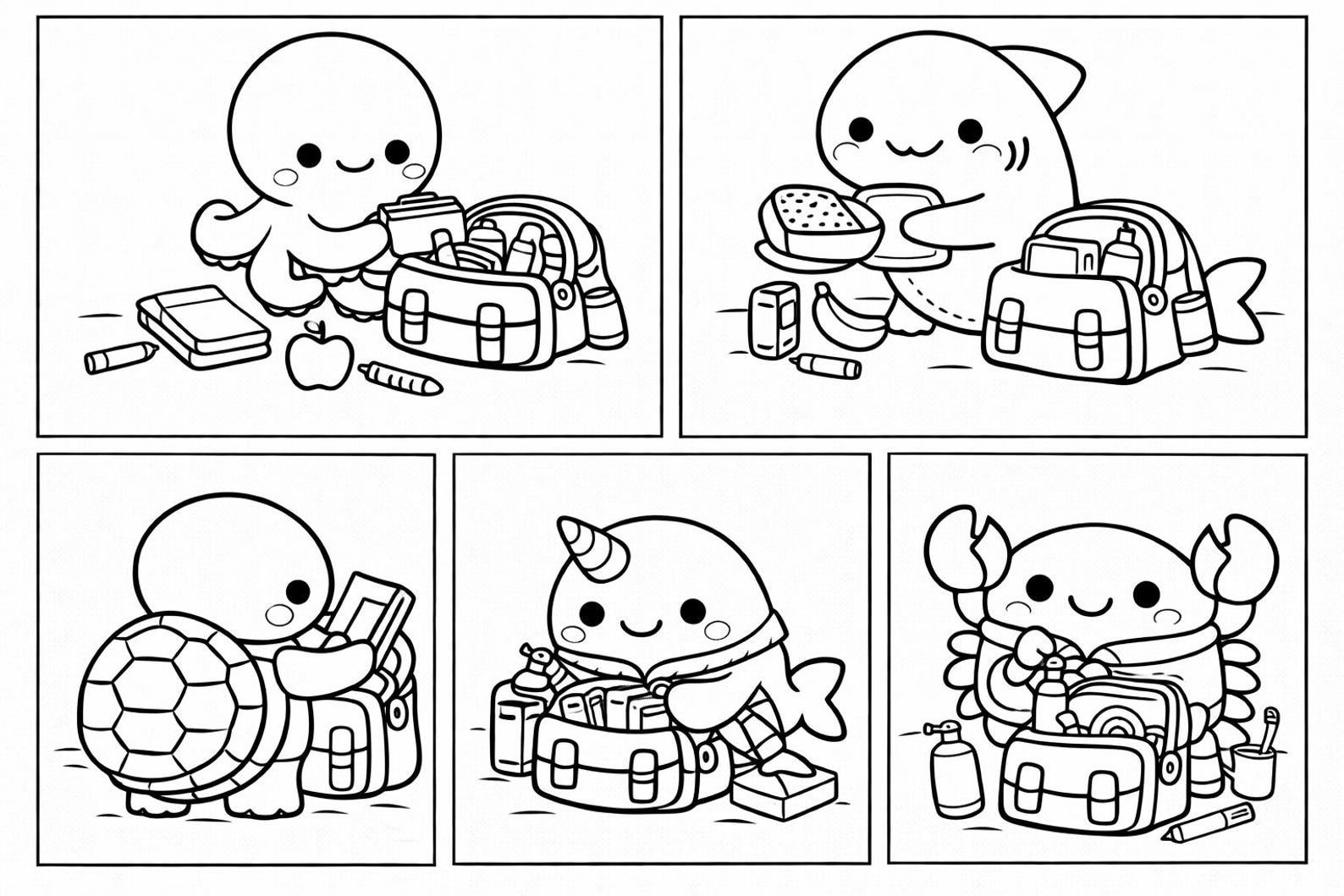 Kawaii Ocean Animals Packing School Bag Coloring Pages (PDF Download ...