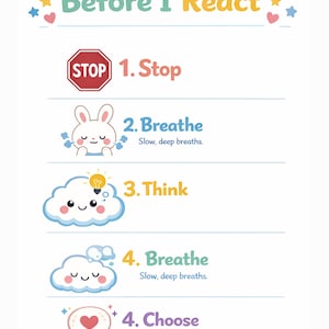 Puede incluir: Un póster colorido con el texto "Before I React". Presenta una señal de stop, un conejito, una nube con una bombilla, otra nube y un bocadillo en forma de corazón. Cada imagen corresponde a un paso: Stop, Breathe, Think, Breathe y Choose Kind Words.