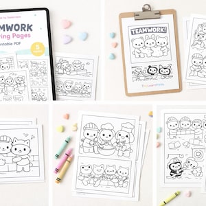 Puede incluir: Una colección de páginas para colorear imprimibles con el tema del trabajo en equipo. Las páginas presentan varios personajes de dibujos animados, incluidos osos, gatos y conejos, participando en actividades colaborativas. Hay crayones y decoraciones en forma de corazón.