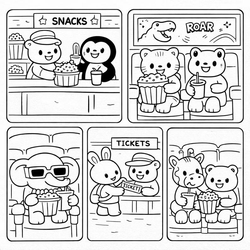 At the Cinema Coloring Pages for Kids | Printable PDF Sheets | Kawaii ...