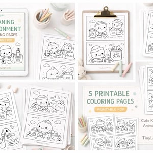 以下が含まれることがあります： かわいいカワイイ海の動物たちが描かれた、印刷可能な塗り絵のコレクション。動物たちが環境をきれいにしているイラストが含まれています。タブレットのテキストは「CLEANING ENVIRONMENT COLORING PAGES PRINTABLE PDF」と書かれています。