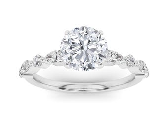 Sterling Silver Round Solitaire Engagement Ring | Pave Diamond Milgrain Wedding Band