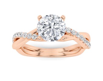 Rose Gold Sterling Silver Round Solitaire Engagement Ring, Pave Diamond Milgrain Band
