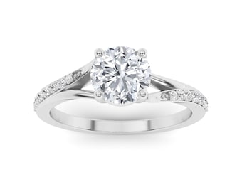 Sterling Silver Round Solitaire Engagement Ring | Pave Diamond Milgrain Wedding Band