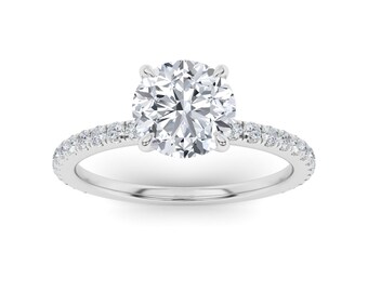 Sterling Silver Round Solitaire Engagement Ring | Pave Diamond Milgrain Wedding Band