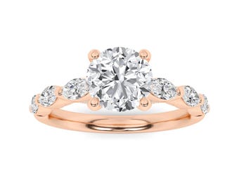 Rose Gold Sterling Silver Round Solitaire Engagement Ring | Pave Diamond Milgrain Wedding Band