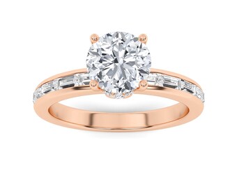Rose Gold Sterling Silver Round Solitaire Engagement Ring, Pave Diamond Milgrain Band