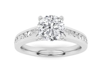 Sterling Silver Round Solitaire Engagement Ring | Pave Diamond Milgrain Wedding Band