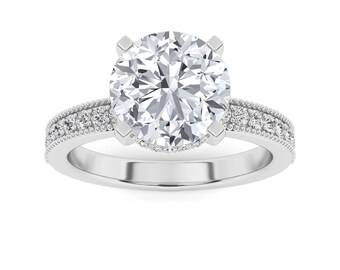 Sterling Silver Round Solitaire Engagement Ring | 925 Silver Pave Diamond Ring | Milgrain Vintage Wedding Band | Promise Ring for Women