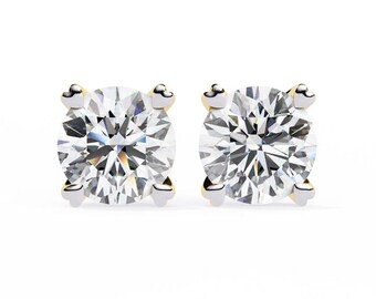 Round Cut Lab Created Diamond Stud Earrings in 14K Yellow Gold Plated Minimalist Diamond Studs