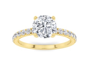 Gold Sterling Silver Round Solitaire Engagement Ring, Pave Diamond Milgrain Band