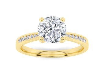 Tapered Prong Set Round Side Stone Rings Lab Grown Diamond Engagement Rings in stealing silver