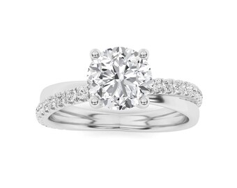 Sterling Silver Round Solitaire Engagement Ring | Pave Diamond Milgrain Wedding Band