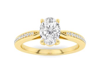Oval Engagement Ring for Women, Gold Plated 925 Sterling Silver Solitaire Ring, Pave Accent Moissanite CZ Ring, Dainty Promise Ring