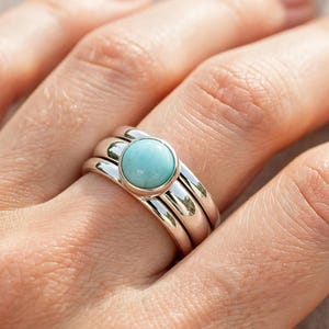 925 Sterling Silver Round Larimar Ring, Blue Gemstone Split Band