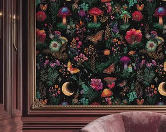 Butterfly mushroom wallpaper, Mystical Forest Wallpaper, Mushroom Butterfly Dark Mural Peel and Stick
