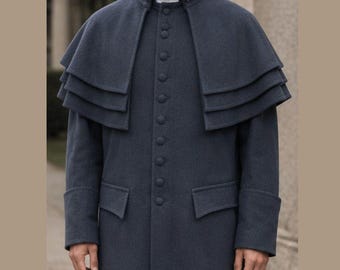 Men's Regency Garrick overcoat/ coachmans coat/ triple caped overcoat,Long Black Jacket