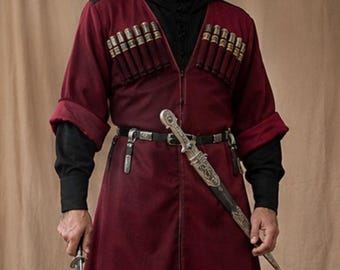 Men's Red Great Chokha 5 Georgian Clothing Male Bekirka Dance, White Russian Cassocks For Sale, Russian Frock