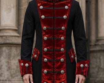 Men's Black Cotton Steampunk Red Velvet Trim Gothic Jacket