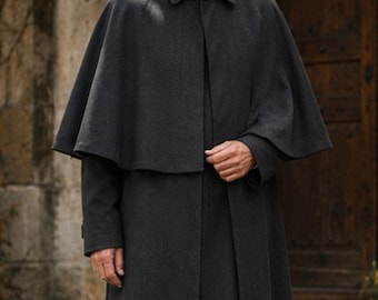 Mens  Inverness Cape - 100% Wool, Halloween Black Coat, Gothic Black Coat, Men's Halloween Coat Black, Steampunk Coat