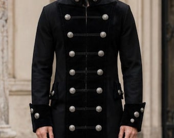Men's Black Cotton Trench Black Velvet Trim Gothic Jacket