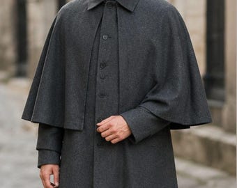 Men's  Inverness Cape - 100% Wool, Halloween Gray Coat, Gothic Gray Coat, Men's Halloween Coat Gray, Steampunk Coat