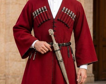 Men's Burgundy wool Russian 16th Century Wool Coat , Russian frock coat
