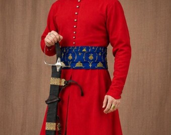 Men's Red Medieval Cossack Wool Russian War Mental Zupan Long Cossack Coat
