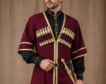 Men's Dark Red Georgian Cossack Chokha Coat, 19th Century Reproduction Frock Coat
