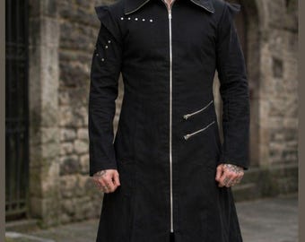 Men's Black Trench Coat with Zipper Closure, Men's Gothic Steampunk Long Coat