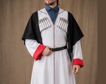 Men's White Russian Cossack Coat, 19th Century Military Reproduction Costume