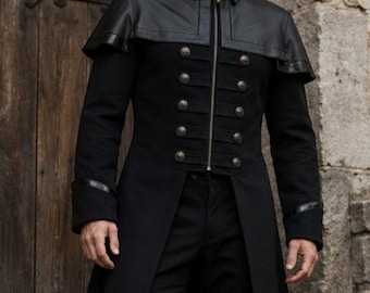 Men's Black Long Military Gothic Jacket with Faux Leather Shoulders